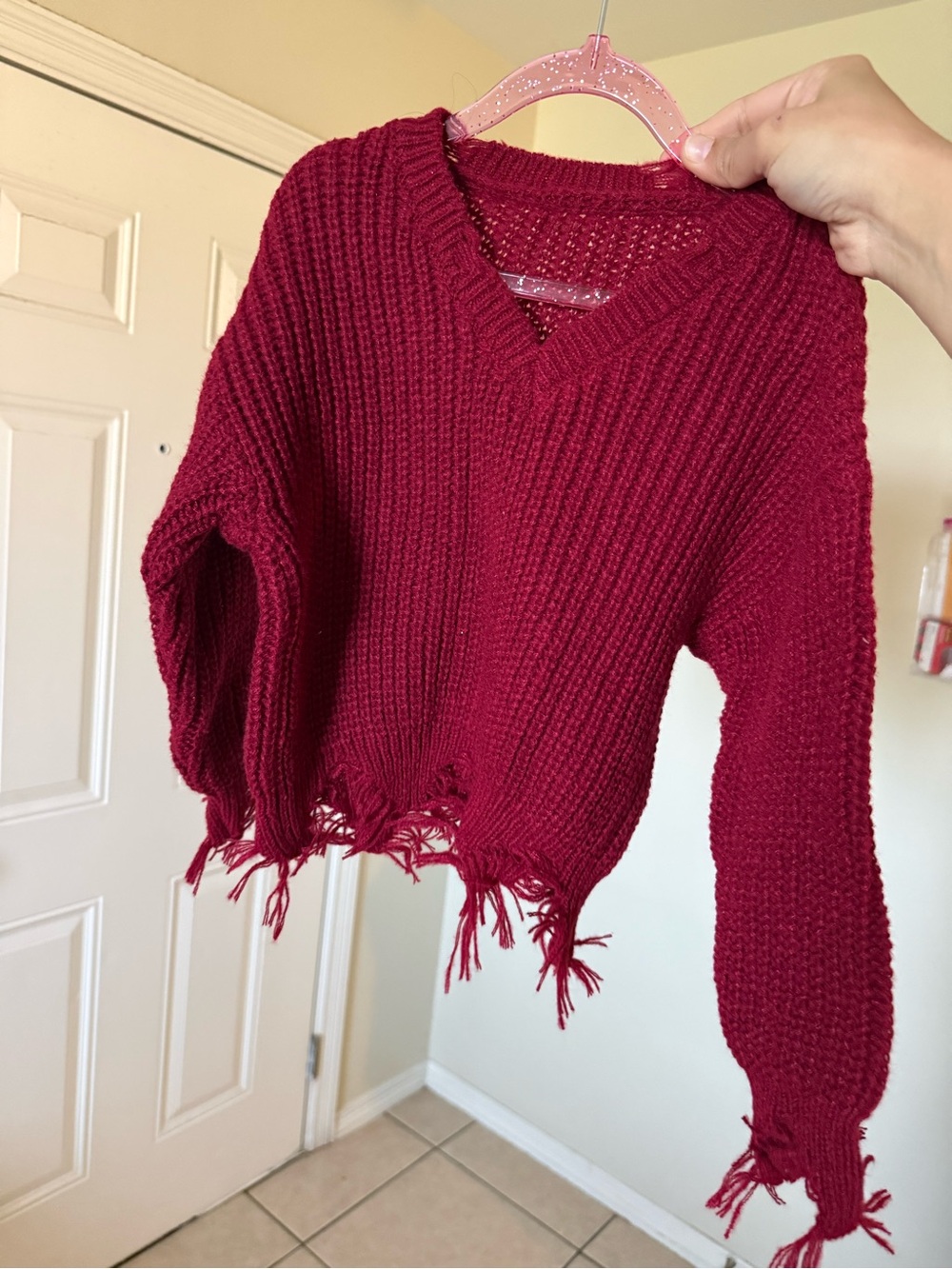 Distressed V-Neck Chunky Knit Sweater - Red